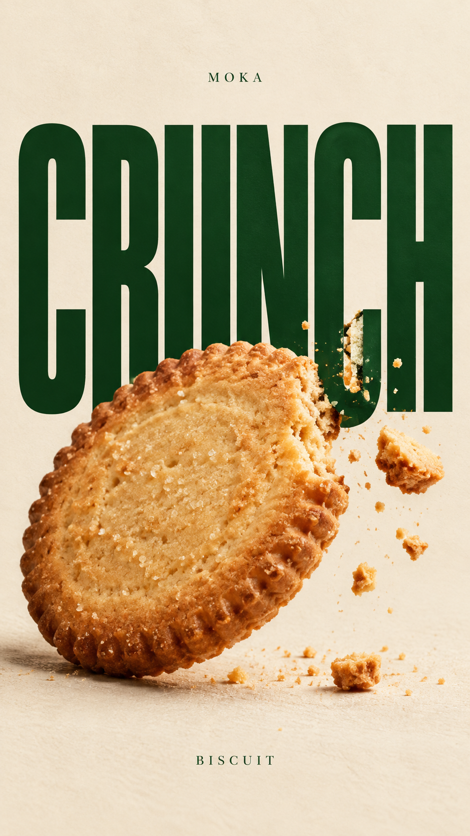 MOKA poster: a bitten biscuit in front of the word CRUNCH